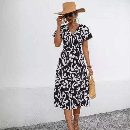 Printed Shorts Sleeve V-Neck Dresses Wholesale Womens Clothing N3824042900040