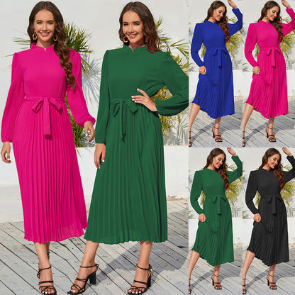 Stand Collar Puff Sleeve Pleated Skirt Dress Wholesale Womens Clothing N3824062100034