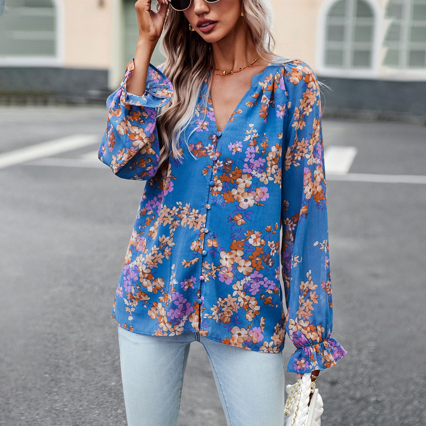 Button-Down Loose All-Match Long-Sleeved Floral Shirt Wholesale Women'S Top