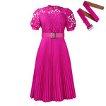 Plus Size Dresses Short Sleeve Lace Panel Pleated Prom Dresses With Belt Wholesale Womens Clothing N3824061200020