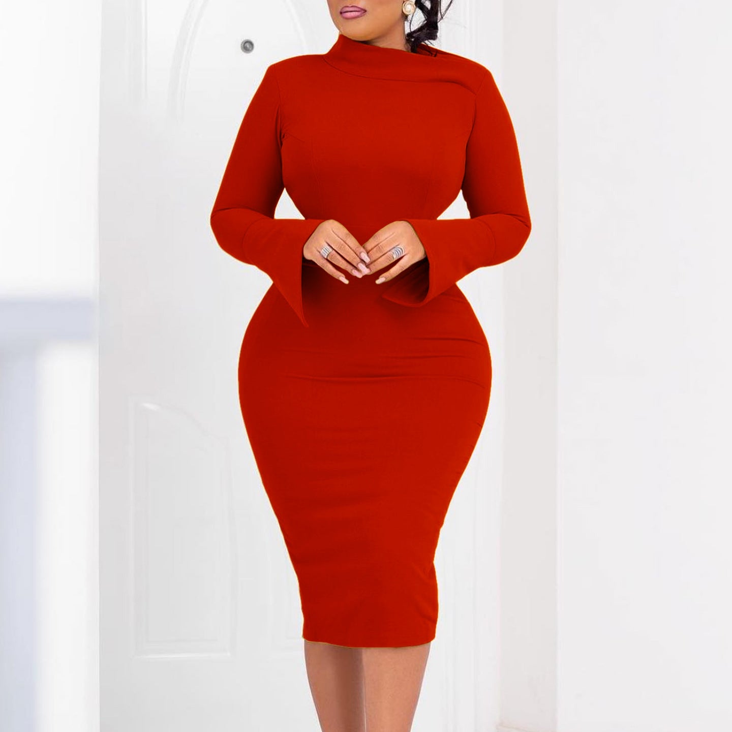 Long-Sleeved Hip-Hugging Slant-Neck Solid Color Dress Wholesale Plus Size Womens Clothing N3823101700046