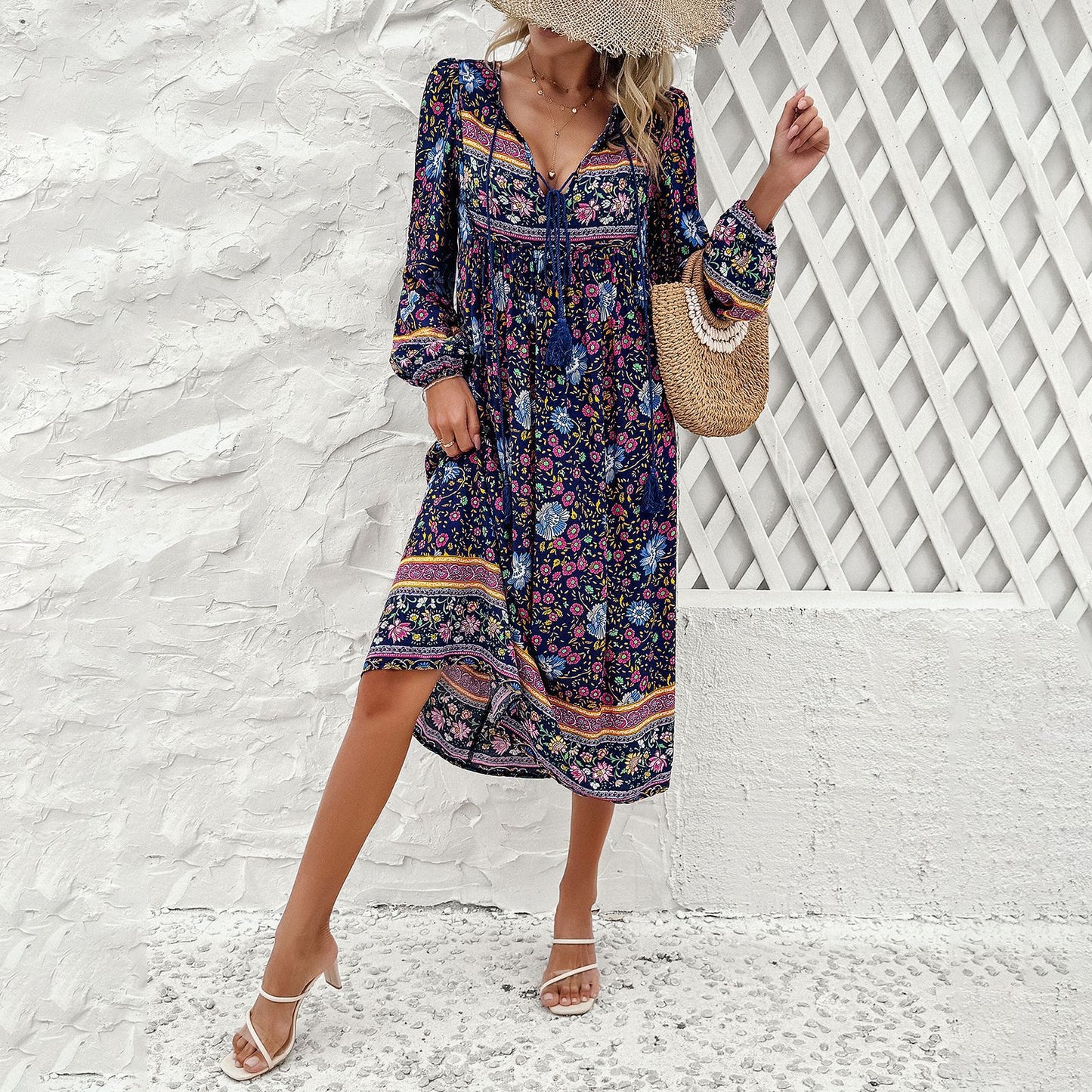 Casual Resort Printed Long Sleeve Dresses Wholesale Womens Clothing N3824040100104