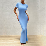 Elegant Solid Colour Round Neck Short Sleeve Slimming Dress Wholesale Dresses