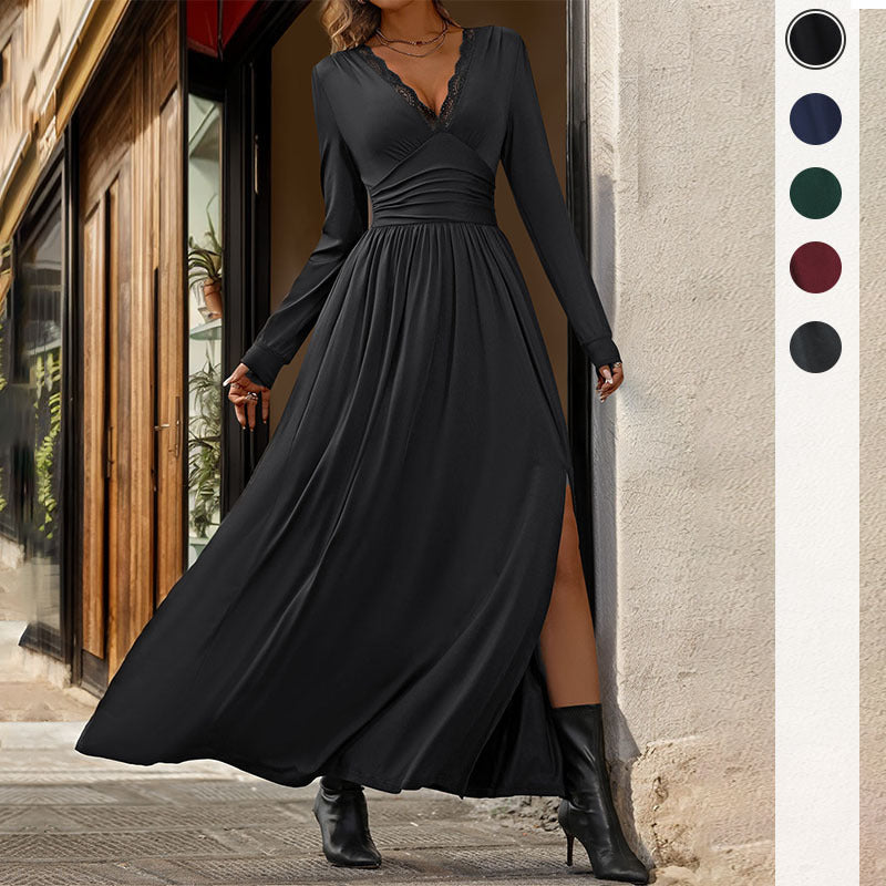 Solid Color Slit Slim Fit Long Sleeve Maxi Dresses Wholesale Womens Clothing N3824062800010