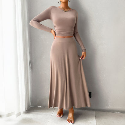 Slim Fit Long Sleeve Crop Tops And Maxi Skirts Two-Piece Set Wholesale Womens Clothing N3824090300026