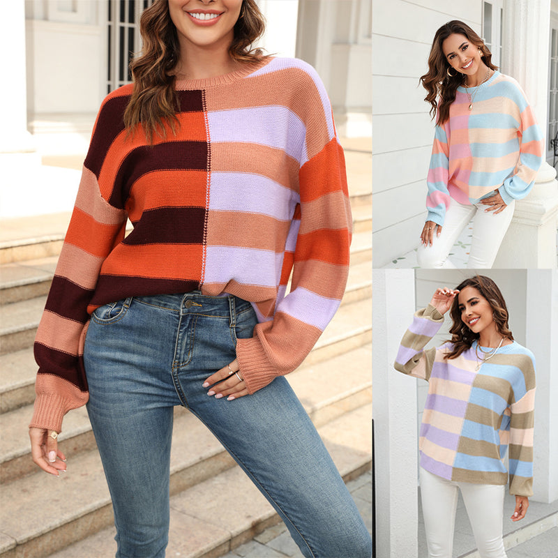 Fashion Colorblocked Striped Crew Neck Knit Shirt Wholesale Womens Tops