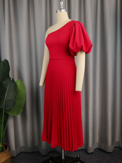 Casual Solid Color Bubble Sleeve Single Shoulder Diagonal Collar Pleated Dress Wholesale Dresses