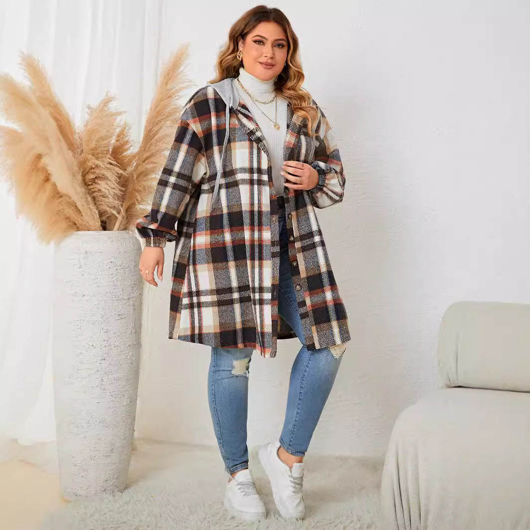 Plus Size Plaid Hooded Mid-Length Jackets Wholesale Womens Clothing N3824091200160