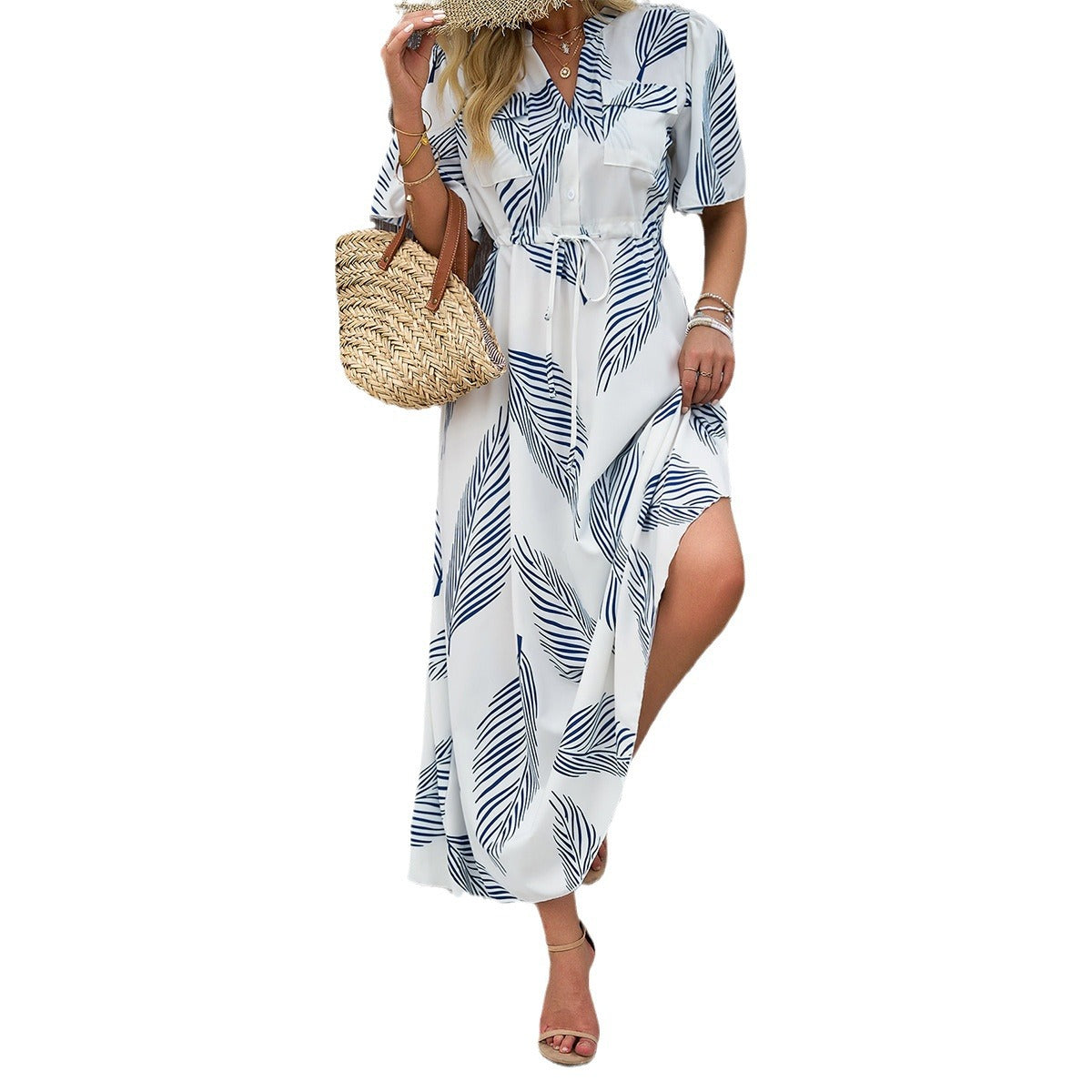 Resort Printed V-Neck Short Sleeve Maxi Dresses Summer Wholesale Womens Clothing N3824071500005