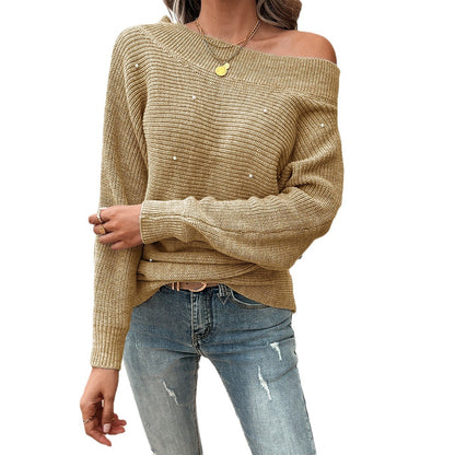 Casual Loose Off-Shoulder Solid Color Long Sleeve Sweater Wholesale Womens Clothing N3824072300013