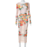 Tight Long-Sleeved Flower Print See-Through Mesh Dress Wholesale Dresses