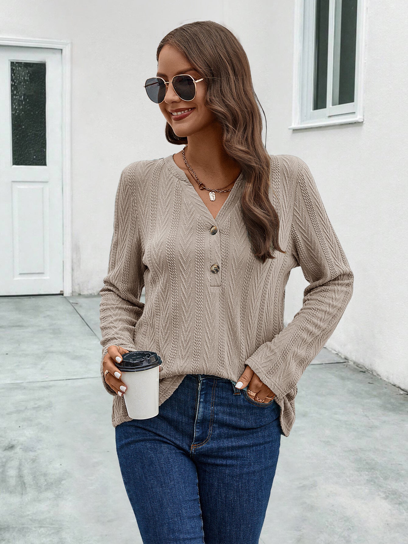 Button-Knit Sweater Long Sleeve Textured Tops Wholesale Womens Clothing N3824062800051