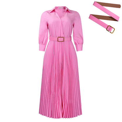 Lapel Long Sleeve High Waist Pleated Solid Color Dresses Wholesale Womens Clothing N3824080500018