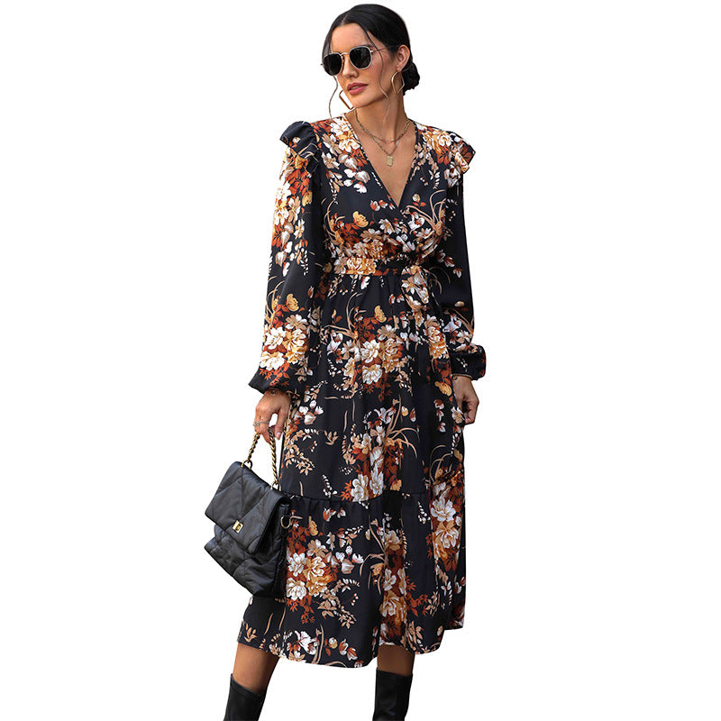 V-Neck Floral Print Long Sleeve Mid-Length Dresses Wholesale Womens Clothing N3824091200041