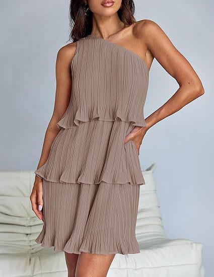 One-Shoulder Layered Stitching Hem Pleated Sleeveless Dresses Wholesale Womens Clothing N3824061200012