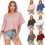 Casual Waffle Knit V-Neck Loose Short-Sleeved T-Shirt Wholesale Womens Tops