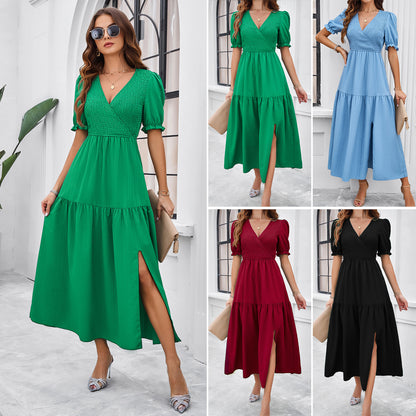 Solid Color Shirred V Neck Short Sleeve Maxi Dresses Wholesale Womens Clothing N3824040100118