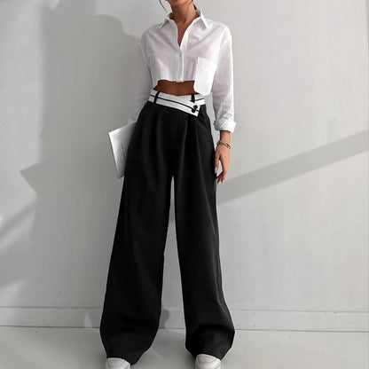 Casual Wide Leg Splicing Black Suit Pants Wholesale Womens Clothing