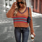 Casual Long Sleeve V-Neck Colorful Striped Sweater Wholesale Womens Tops