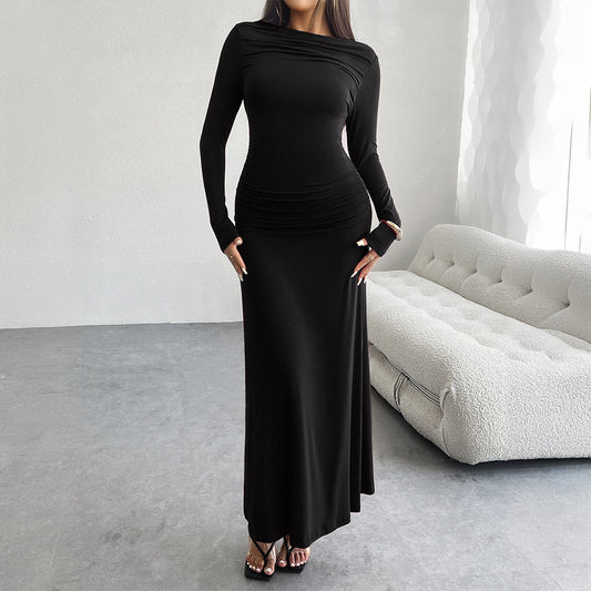 Solid Color Wrap Hip One Neck Maxi Dresses Wholesale Womens Clothing N3824080700059