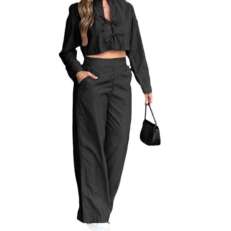 Solid Color Casual Loose Wide Leg Trousers Lace-up Cardigan Top Women's Clothing Set Wholesale Womens Clothing N3824120600013