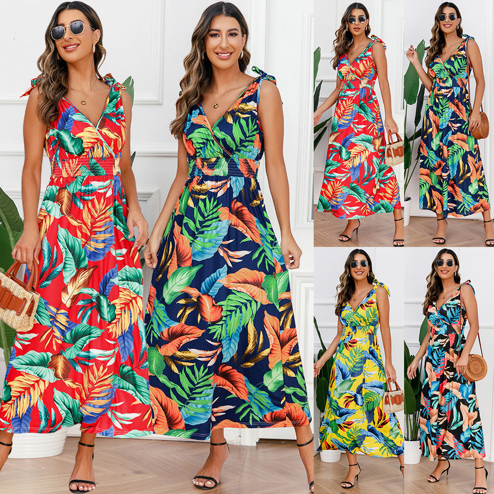 Printed V-Neck Beach Maxi Dresses Wholesale Womens Clothing N3824062100019