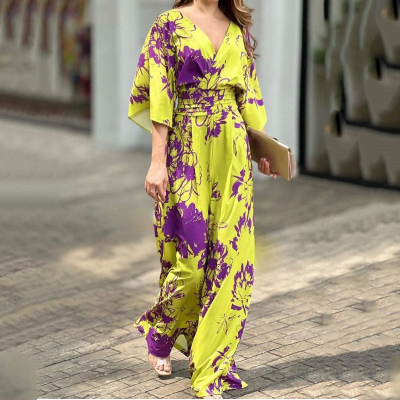 Sexy V-Neck Flower Print Bat Sleeve Jumpsuit Wholesale Jumpsuits