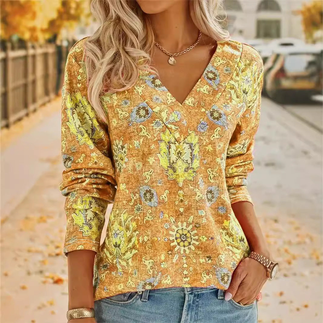 Spring and Autumn Floral V Neck Long Sleeve Plus Size T-Shirts Wholesale Womens Clothing N3824091200025