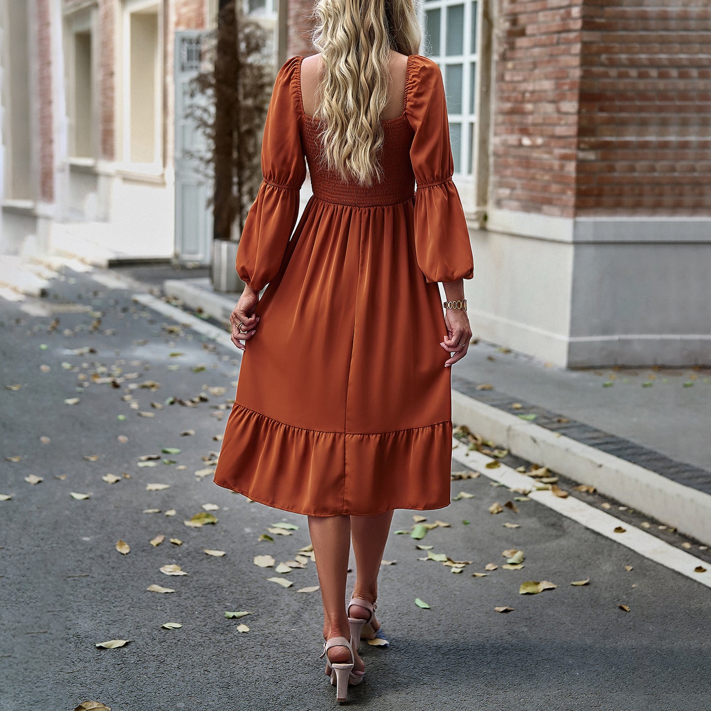 Casual Solid Color Square Neck Long Sleeve Long Dress Wholesale Dresses