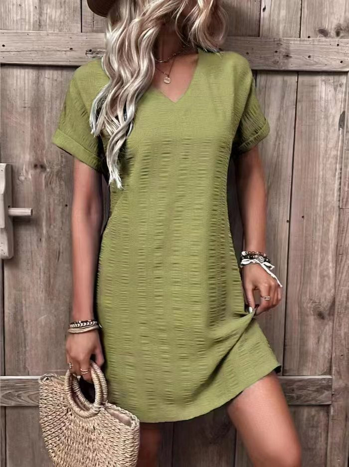 Sexy Slim V-Neck Solid Color Short Sleeve Dress Wholesale Dresses