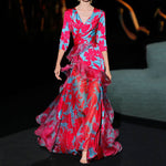Fashion Maple Leaf Print Slim Multi Layers V-Neck Long Dresses Wholesale Dresses