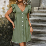 Sleeveless Solid Color V-Neck Button-Up Dress Wholesale Womens Clothing N3824022600066