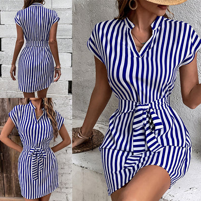 Sleeveless Striped Tie Lapel Dresses Wholesale Womens Clothing N3824080900023