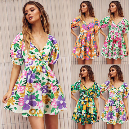 V-Neck Printed Beach Dresses With Lantern Sleeves Wholesale Womens Clothing N3824062100027