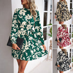 Casual Long Sleeve Round Neck Pleated Floral Short Dresses Wholesale Dresses