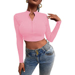Solid Color Jersey Zipper Slimming Revealing Long Sleeve T-Shirt Wholesale Womens Tops