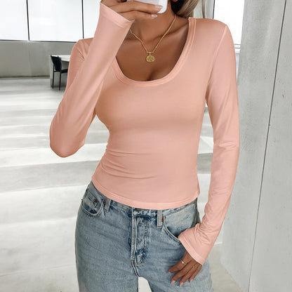 Slim Fit Solid Color U-Neck Long Sleeve T-Shirts Wholesale Womens Clothing N3824070500001