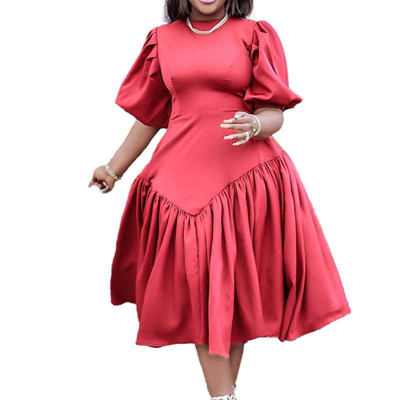 Pleated Puff Sleeve Plus Size Dress Wholesale Womens Clothing N3823112300143