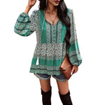 Casual Printed V-Neck Button Up Long Sleeve Top Wholesale Womens Tops