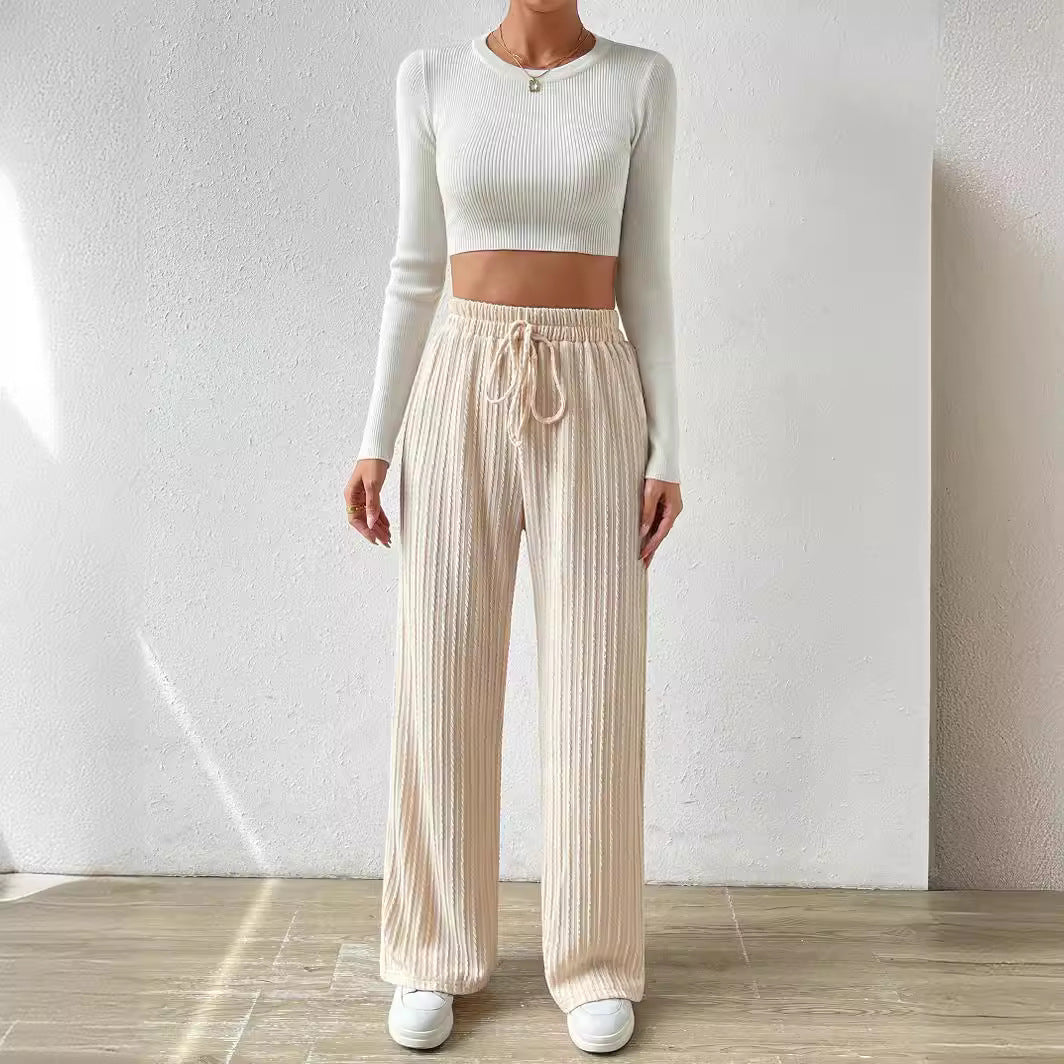 Textured Knit Wide Leg Pants High Waist Solid Color Straight Pants Wholesale Womens Clothing N3824080900024