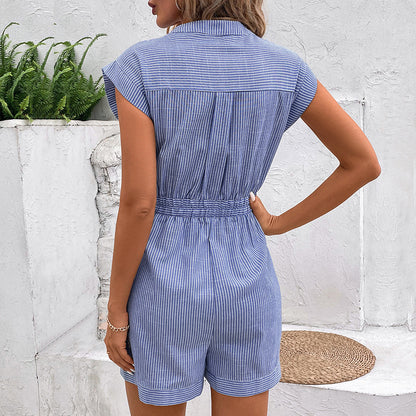 Pinstripe Short-Sleeved Lapel Rompers With Belt Wholesale Womens Clothing N3824062800030