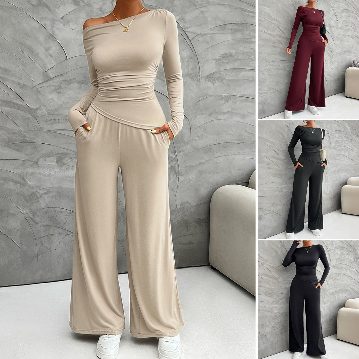 Slim Long Sleeve Tops Wide Leg Pants Set Wholesale Womens Clothing N3824072300005