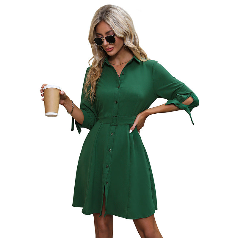 Lapel Solid Color Shirt Dresses With Belt Wholesale Womens Clothing N3824062800028