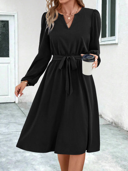 Long Sleeve V-Neck Tie Midi Dresses Wholesale Womens Clothing N3824062800049