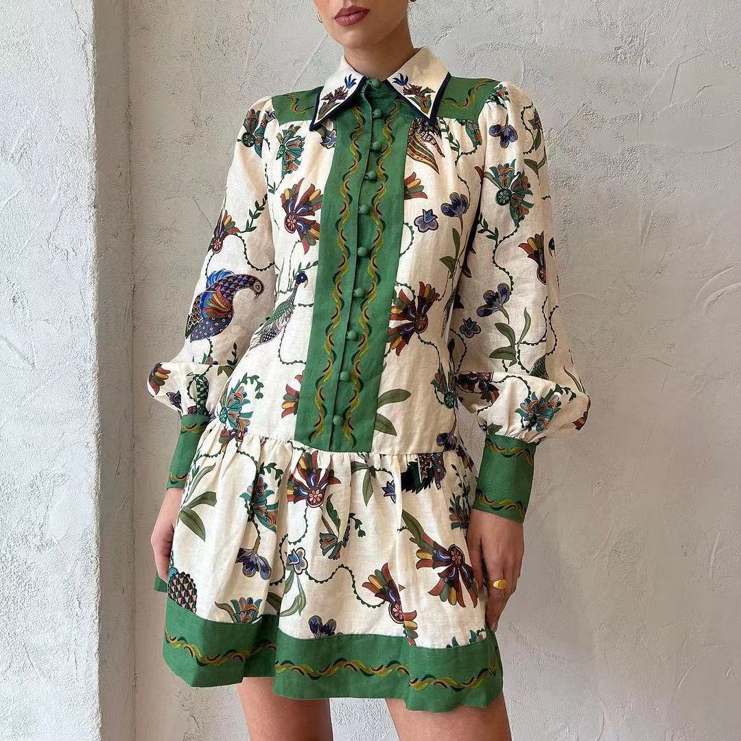 Fashion Single Breasted Long Lantern Sleeve Graffiti Printed Tie Waist Dresses Wholesale Dresses