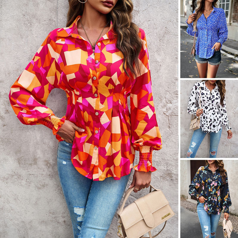 Fashion Botanical Floral Print Waisted Polo Neck Long Sleeve Shirt Wholesale Womens Tops