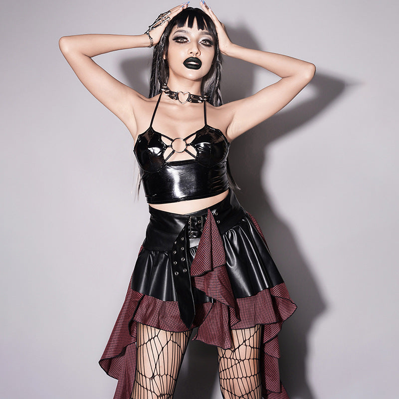 Dark Punk Gothic Mirror Leather Strap Cutout Crop Tops Wholesale Women'S Tops