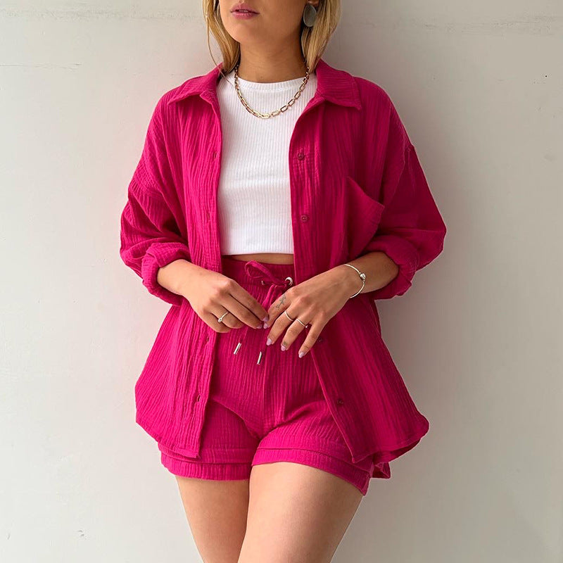 Women's Two-Piece Sets Lapel Shirt High-Waisted Drawstring Shorts Wholesale Womens Clothing N3823100900069