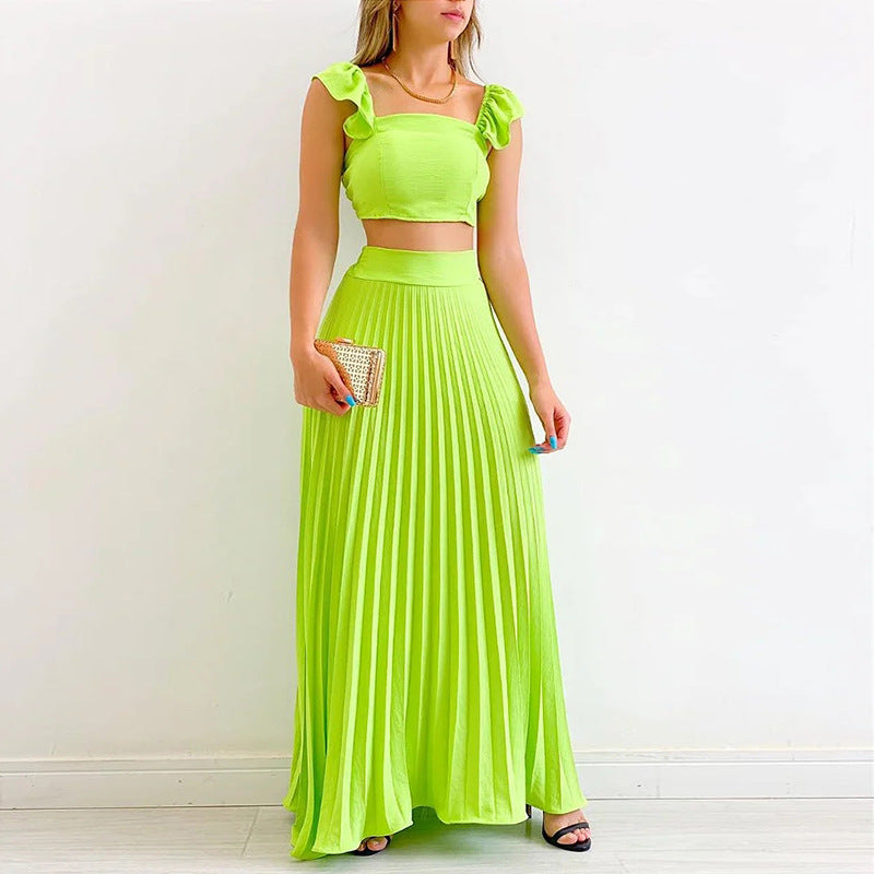 Solid Color Cropped Cami Tops And High Waist Pleated Skirt Wholesale Womens 2 Piece Sets N3823100900072