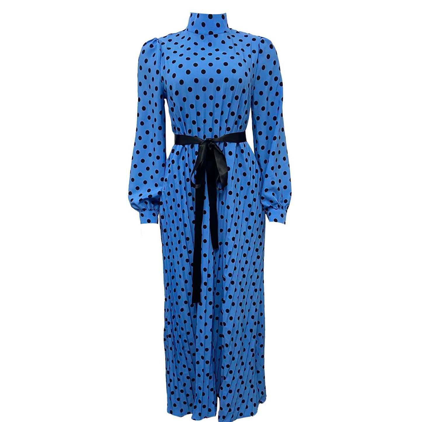 Loose Pleated Polka Dot Maxi Dresses Belt Long Sleeve Wholesale Plus Size Womens Clothing N3823101700030